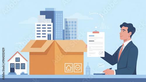 Businessman holding paperwork and cardboard box with cityscape and house in background symbolizing relocation or moving services