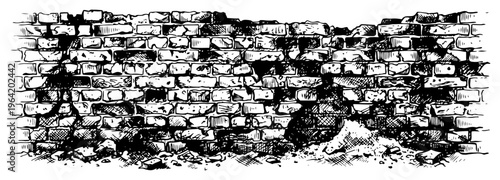 Brick wall with cracks and crumbling stones in vintage engraving style