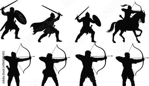 Medieval warrior silhouettes featuring ancient knights with swords, shields, archers with bows, and cavalry on horseback for historical battle vector design,