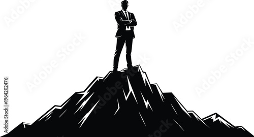 businessman, suit, tie, mountain, peak, arms crossed, black and white, silhouette, standing, confident, leadership, success, achievement, outdoo Businessman standing on mountain peak with arms crossed