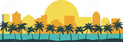 A vibrant city skyline at sunset with palm trees in the foreground