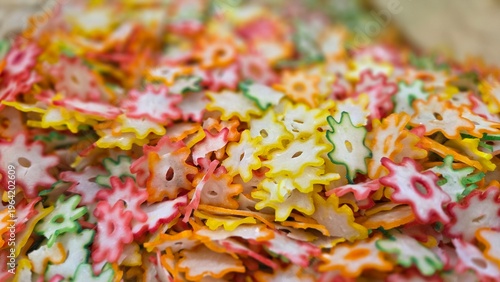 Close-up of colorful raw kerupuk shaped like flowers, sold in Indonesian supermarkets. Bright red, yellow, green, and white crackers create a vibrant textured food background