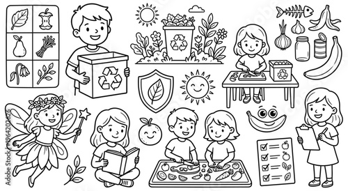 Educational coloring book page elements featuring children sorting waste and cooking. Healthy lifestyle concept with compost bin and gardening icons for school activity and learning projects.