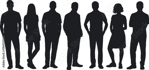 Group of diverse people silhouettes standing together in casual poses, representing teamwork, unity, community, and modern social diversity concept