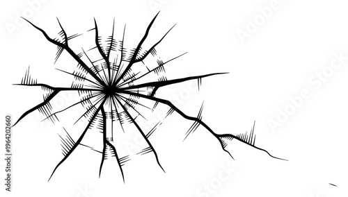 Shattered glass impact with radial cracks and shards in detailed engraving style