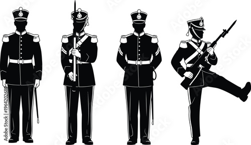 Military honor guard soldiers silhouette, ceremonial uniform, rifle drill, marching pose, disciplined stance, black white illustration, parade formation concept vector