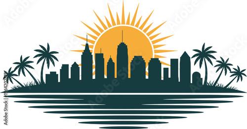 A vibrant city skyline at sunset with palm trees and water