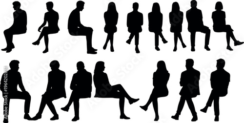 People sitting silhouettes in various poses, representing waiting, casual posture, everyday life, social interaction, and human behavior concept collection