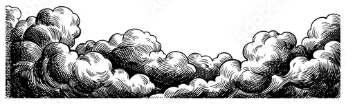 Fluffy cumulus clouds forming a border in traditional engraving style