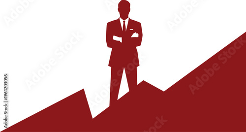 businessman, silhouette, red, graph, rising, chart, success, growth, finance, business, confident, arms crossed, suit, tie, white background, Red silhouette of a businessman standing on a rising graph