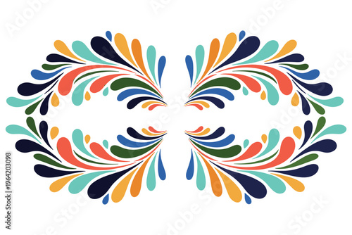 Abstract floral pattern with colorful teardrop shapes forming symmetrical organic border.