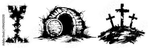 Christian symbols including empty tomb with rolled stone and three crosses on hill in brush sketch style