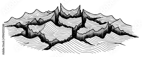 Cracked earth surface with deep fissures and mountain ridges in vintage hatching style