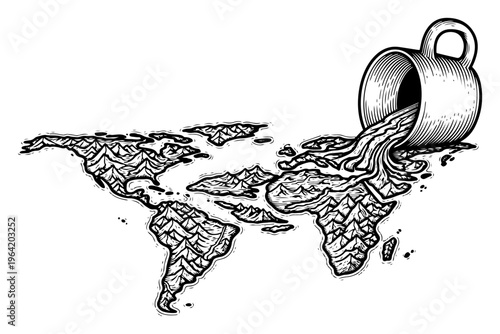 World map formed by liquid pouring from a cup in vintage engraving style