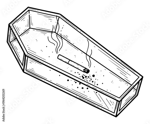 Burning cigarette inside an open coffin representing health risks of smoking in line art style