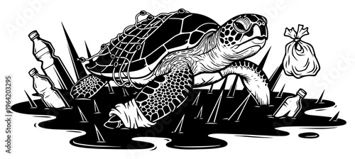 Sea turtle trapped in fishing net and plastic waste in polluted ocean water