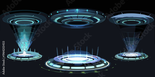 Three futuristic glowing ufo spacecraft designs against a dark background