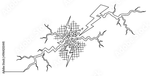 Lightning bolt hitting grid surface with shattered fragments in continuous line art style