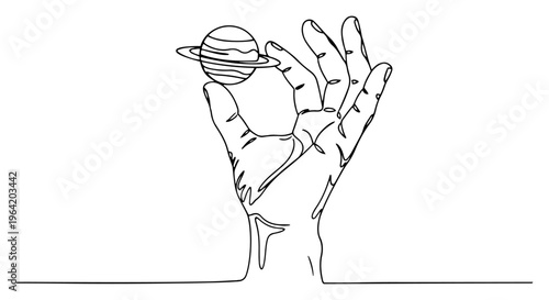 Hand holding miniature planet Saturn in minimalist continuous line art style