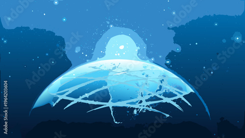 A glowing blue jellyfish floats serenely in the dark ocean depths