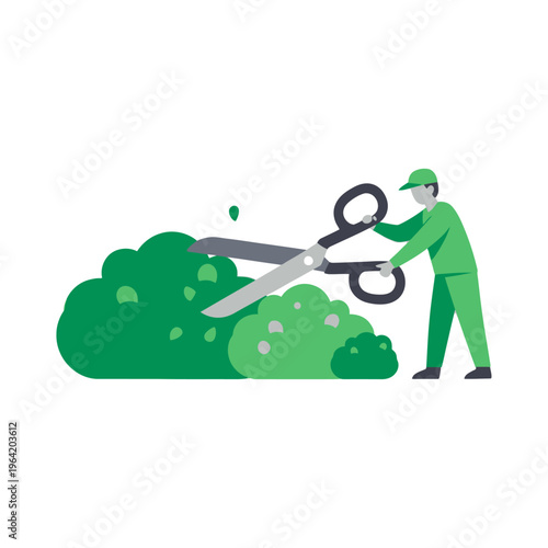 Gardener trimming hedge with shears in a lush green garden
