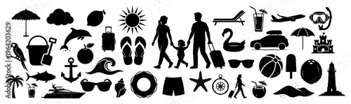 Extensive collection of summer beach holiday silhouette icons in minimalist graphic style