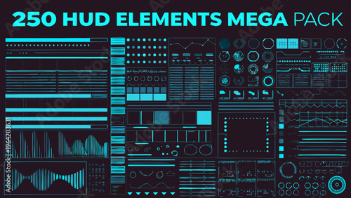 Collection of futuristic heads up display elements in cyan and dark blue
