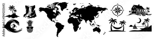 World map and tropical travel icons set in black silhouette style
