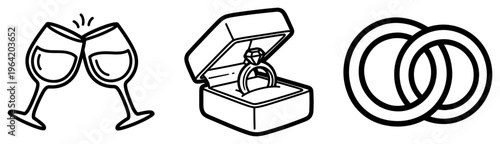 Wedding celebration icons with clinking glasses and engagement ring in minimalist outline style