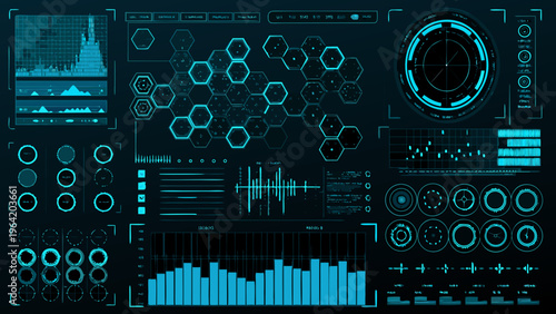 Futuristic interface displaying complex data visualizations and technological elements