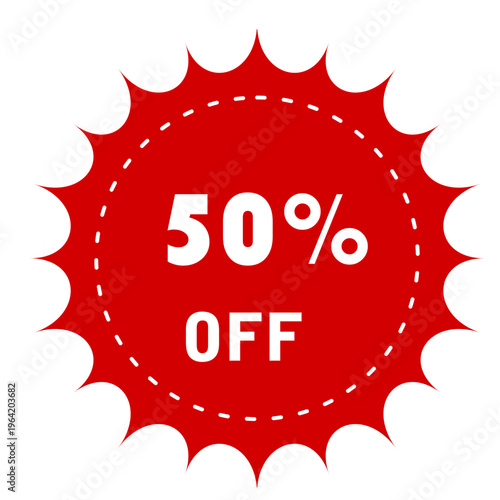 Red 50 Percent Off Sale Discount Starburst Badge Sticker Isolated on White