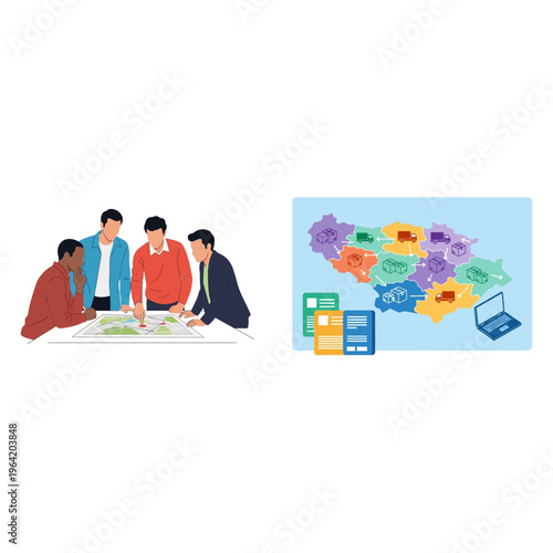 Schilderij op canvas Business Meeting and Regional Map with Laptop and Folders
