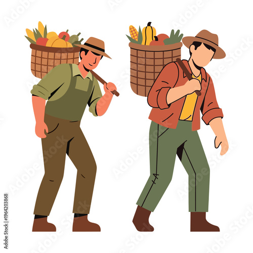 Farmers carrying baskets full of fresh produce on their backs