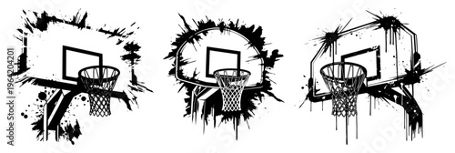 Basketball hoops with backboards featuring explosive ink splatters and drips in dynamic street style