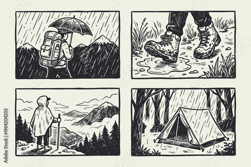 Vintage Hand-Drawn Hiking and Camping in the Rain Illustration Set