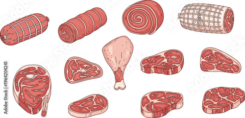 Raw meat cuts collection illustration, beef steak, chicken drumstick and rolled meat, butcher products set, food ingredients vector isolated on white background