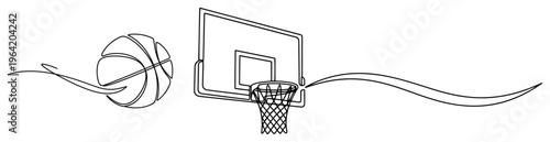 Basketball flying into a hoop depicted in minimalist continuous line art style