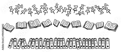 Push pins open books and office ring binders icons set in sketchy doodle style