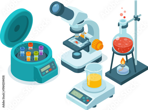 This vibrant illustration showcases various laboratory equipment including a microscope and centrifuge, symbolizing the pursuit of knowledge and scientific exploration in research.