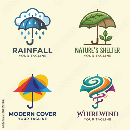 A set of colorful umbrella logos representing rainfall, nature, and modern cover, ideal for environmental organizations focused on shelter and climate themes.