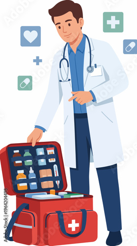 A cheerful healthcare professional displaying an emergency medical kit, promoting health awareness and readiness in a friendly and approachable manner, ideal for medical themes.