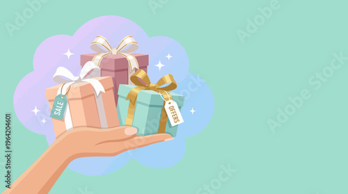 Charming graphic displaying beautifully wrapped gift boxes with sale and offer tags, representing joy and excitement in shopping and gifting experiences.