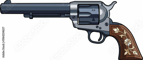 An intricately designed vintage revolver illustration featuring ornate details, evoking sentiments of nostalgia, adventure, and classic Western themes.