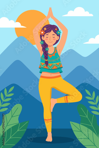 A woman practicing yoga surrounded by lush mountains reflects serenity and balance, emphasizing the importance of mindfulness and well-being in nature.