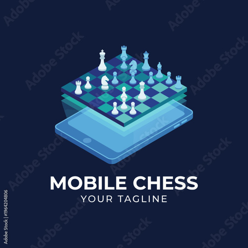 An eye-catching digital illustration of a chess game being played on a mobile device, showcasing a layered chessboard design hovering above the phone’s screen.