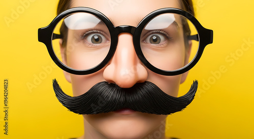 Close up of a person wearing novelty glasses and mustache on transparent background