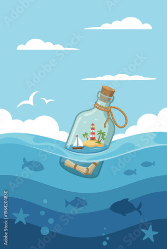 A whimsical illustration of a message in a bottle floating in the ocean, ideal for conveying themes of adventure, exploration, or heartfelt communication.