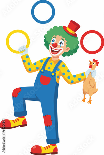 A vibrant illustration of a clown juggling rings, embodying joy and playfulness, creating a fun and entertaining atmosphere typical of circus performances.