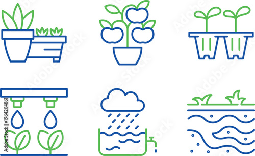 Illustrations of various plant cultivation and irrigation methods