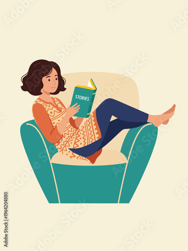 A woman enjoys a moment of tranquility while reading a book titled 'Stories', seated comfortably in a cozy chair, capturing the essence of relaxation and the joy of reading.